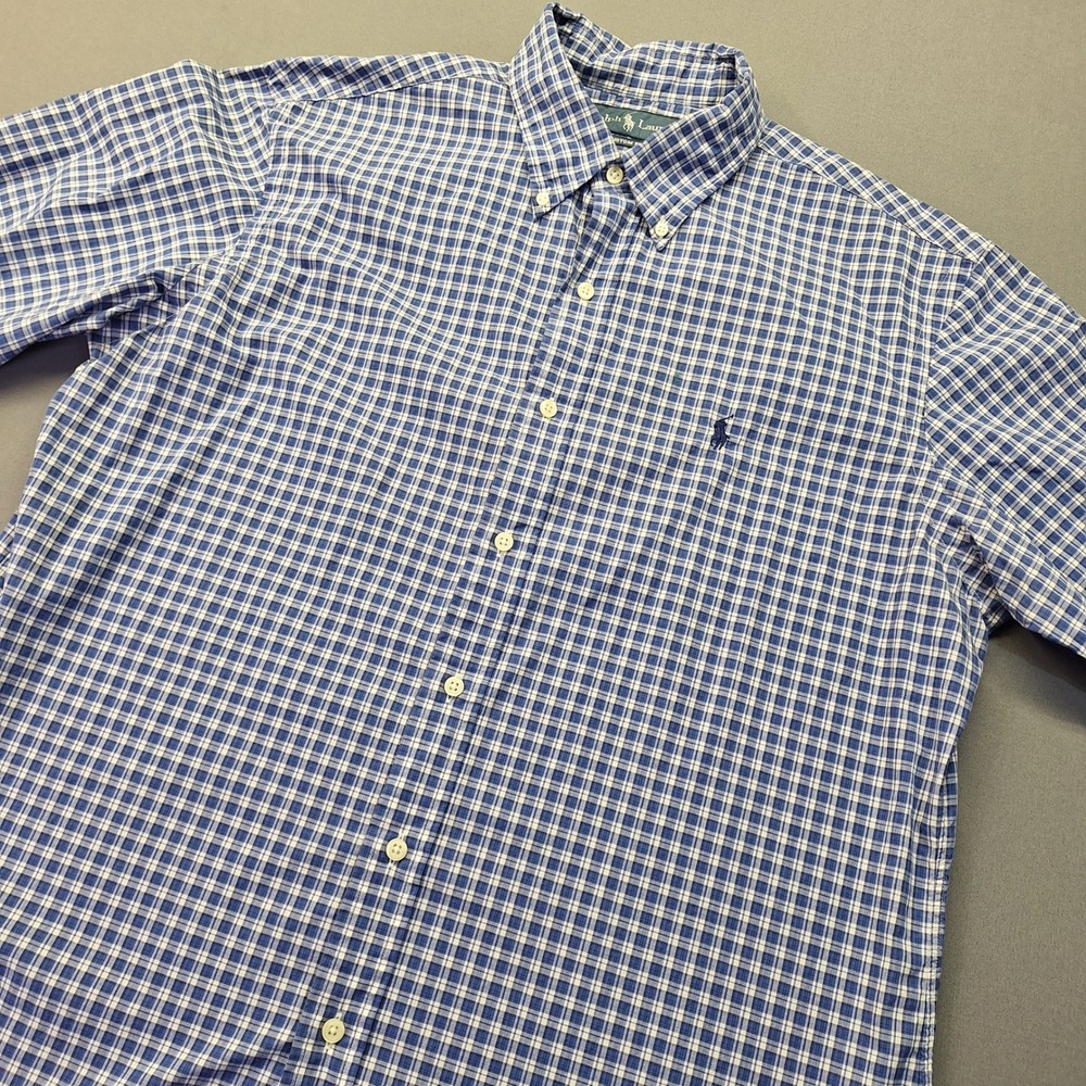 Polo Ralph Lauren Mens Large Custom Fit Blue White Plaid Short Sleeve